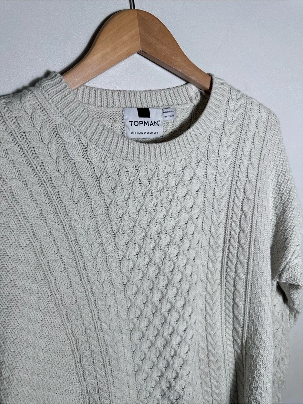 Topman Cream Cable Knit Crewneck Sweater with Dark Stripe Hem